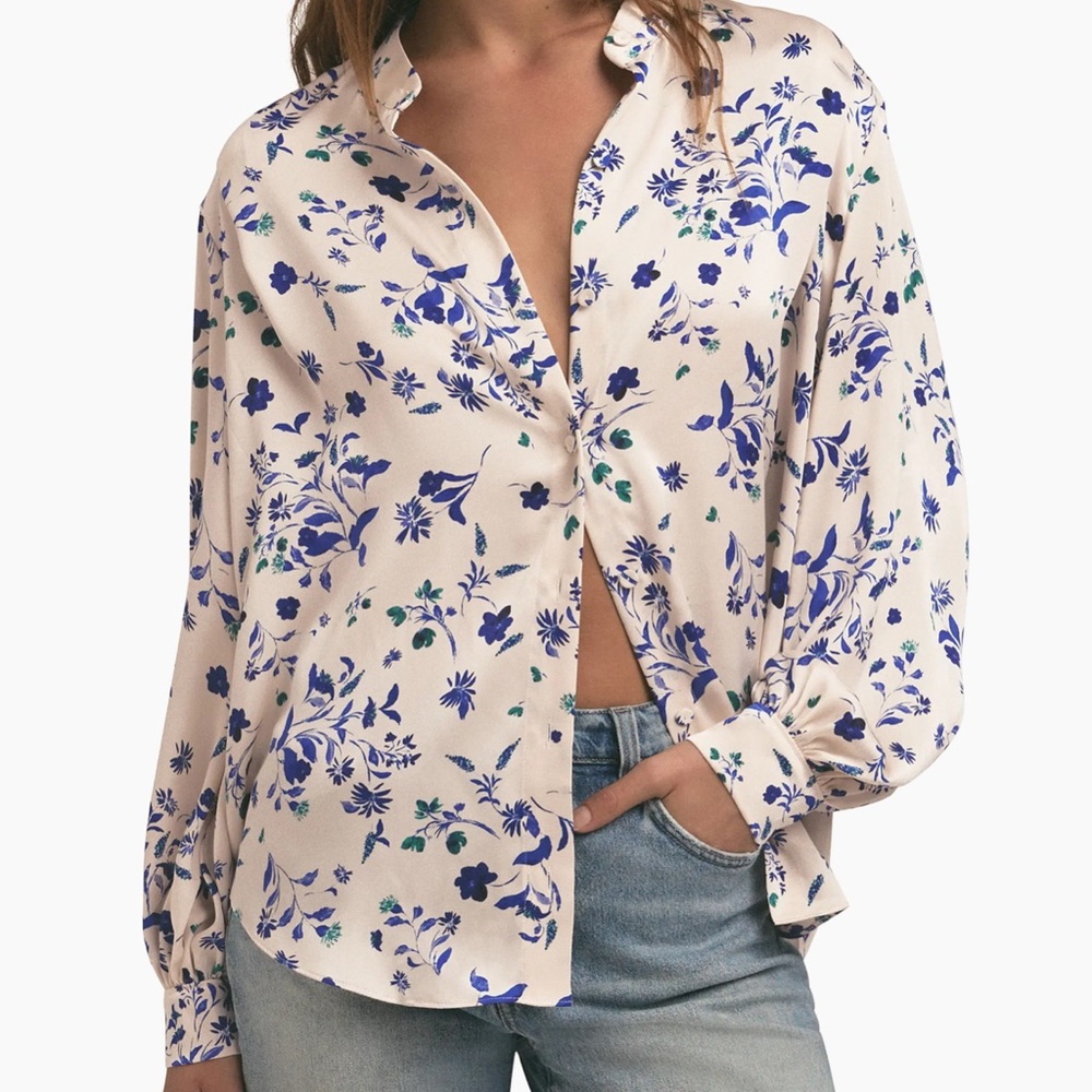 Favorite Daughter Cream Blouse with Blue Floral Print